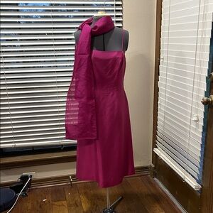 Ann Taylor Fuchsia Silk Midi Dress size 8 matching Chiffon Shawl